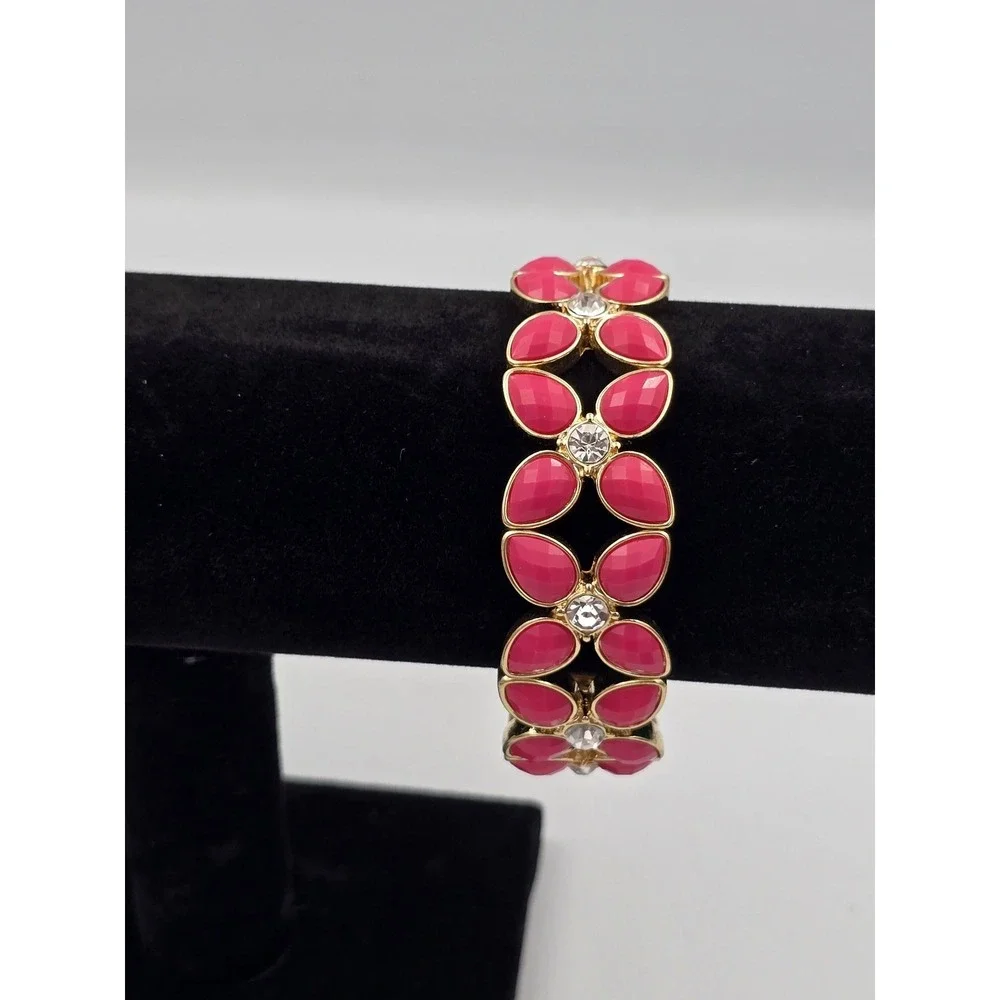 Gold Tone Hot Pink Faceted‎ Stone Stretch Bracelet Clear Rhinestone Accents